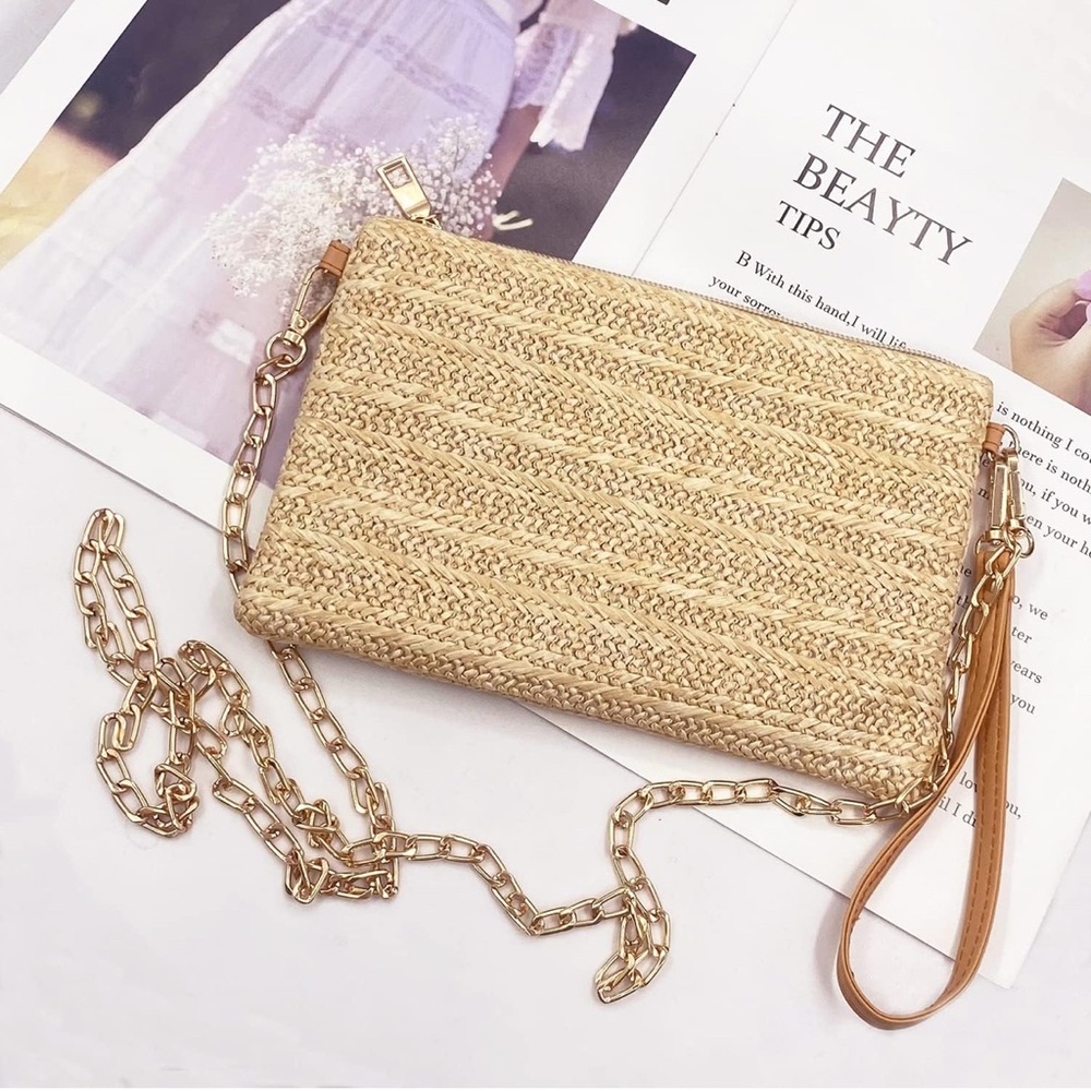 Woven Straw Crossbody Bag with Gold Chain, Natural Color